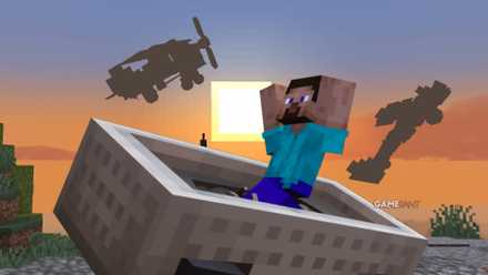 Minecraft artwork featuring Steve and several flying vehicles