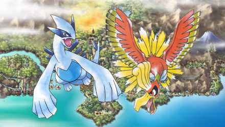 Pokemon Gold and Silver Lugia and Ho-oh over Johto map
