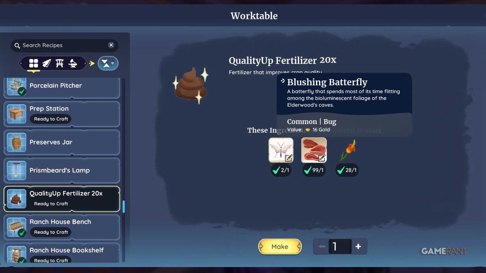 Blushing Batterflies can be used at the Workbench to produce Improved Fertilizer.