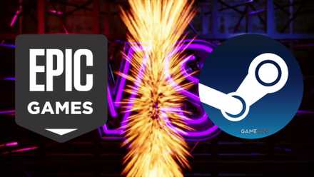 Street Fighter Six characters and the Epic Games Store logo and Steam logo above the screen.