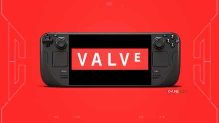 Steam Deck with Valve logo on Indian red background.
