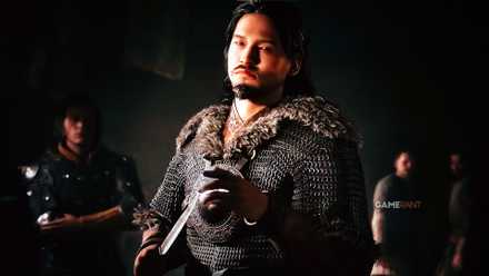 A character holding a knife in The Blood of Dawnwalker story trailer.