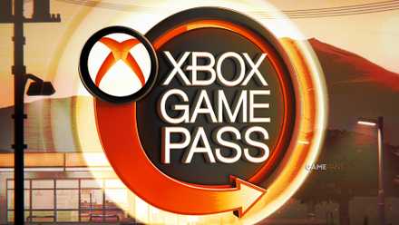 A relaxing composite of a round yellow and orange Xbox Game Pass sign in front of a hand-drawn store scene from Inkonbini.