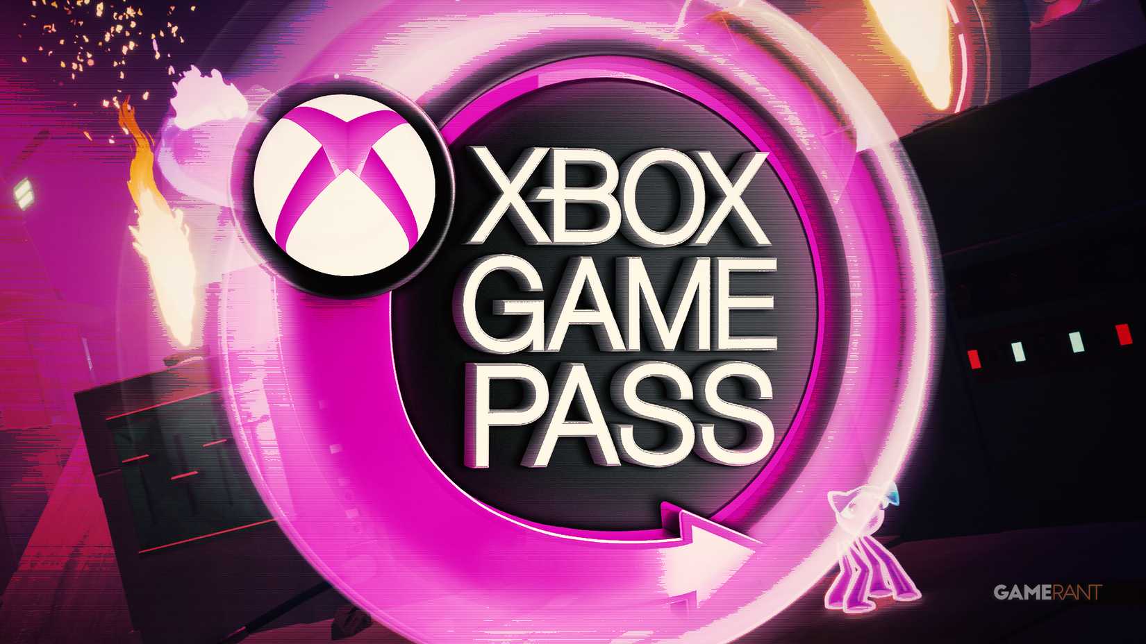 A purple Xbox Game Pass logo with an intense radial glow effect in front of a Kiln screenshot.
