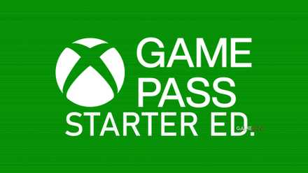 A mockup of a white Xbox Game Pass Starter Edition logo on a green background with thin horizontal stripes.