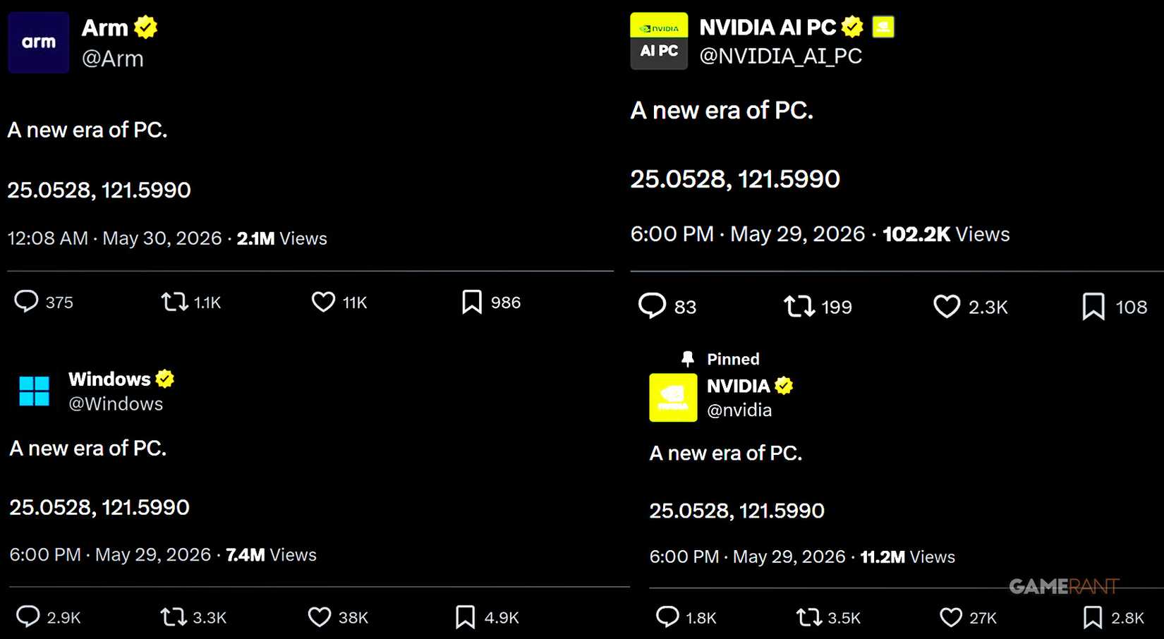 Posting about the @nvidia, @NVIDIA_AI_PC, @windows, and @arm X (Twitter) accounts "The new era of the PC" Right in the May 29–30, 2026 window.