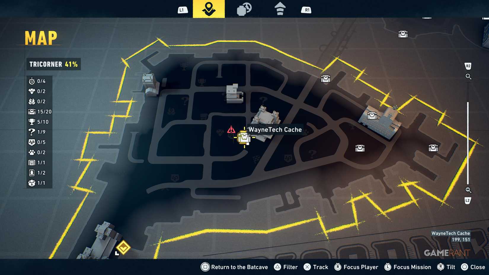 Overview of all Tricorner WayneTech cache locations in Lego Batman Legacy 15