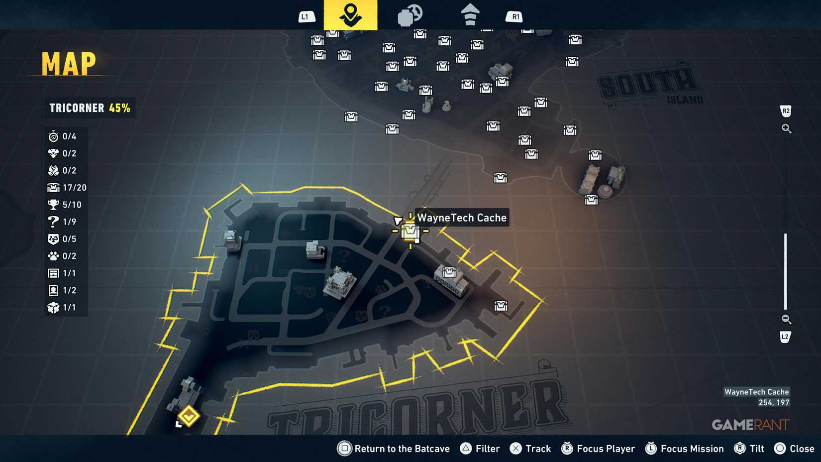 Overview of all Tricorner WayneTech cache locations in Lego Batman Legacy 18