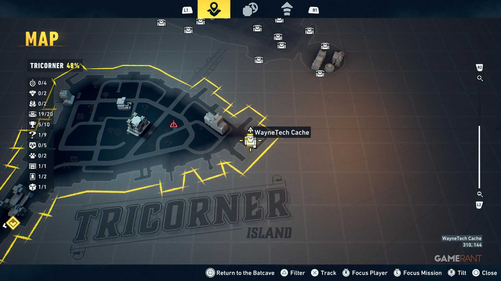 Overview of all Tricorner WayneTech cache locations in Lego Batman Legacy 21