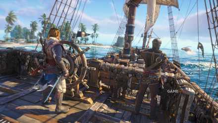 Over-the-shoulder view of Edward from Assassin's Creed Black Flag Resynced piloting a ship in the Caribbean Sea.