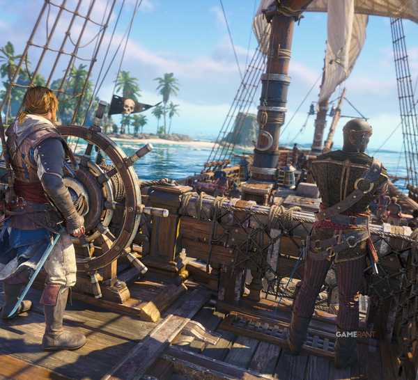 A behind-the-shoulder look of Edward from Assassin's Creed Black Flag Resynced steering a ship in the Caribbean sea.