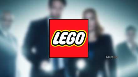 LEGO logo, X Files background blurred