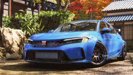 Medium close-up of a blue Honda Civic parked in the idyllic courtyard of Forza Horizon 6.
