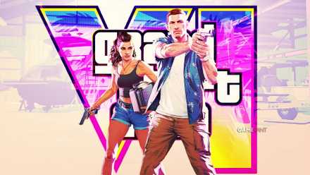 Jason and Lucia from GTA 6 in front of the game's logo and boat hangar artwork, holding handguns.