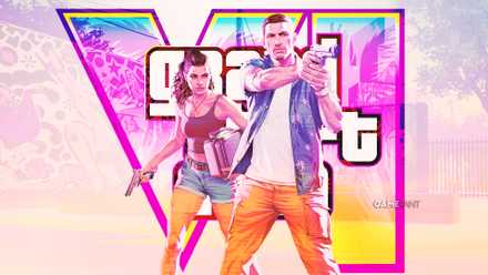 GTA 6 artwork of Jason and Lucia holding pistols in front of a large GTA 6 logo on a sunny street.
