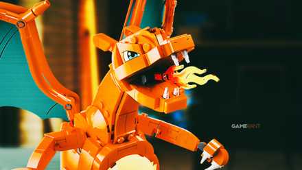 A brick-built LEGO Pokémon figure of Charizard that breathes fire.