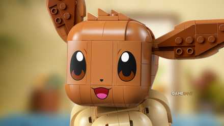 Close-up of a smiling LEGO Eevee model.