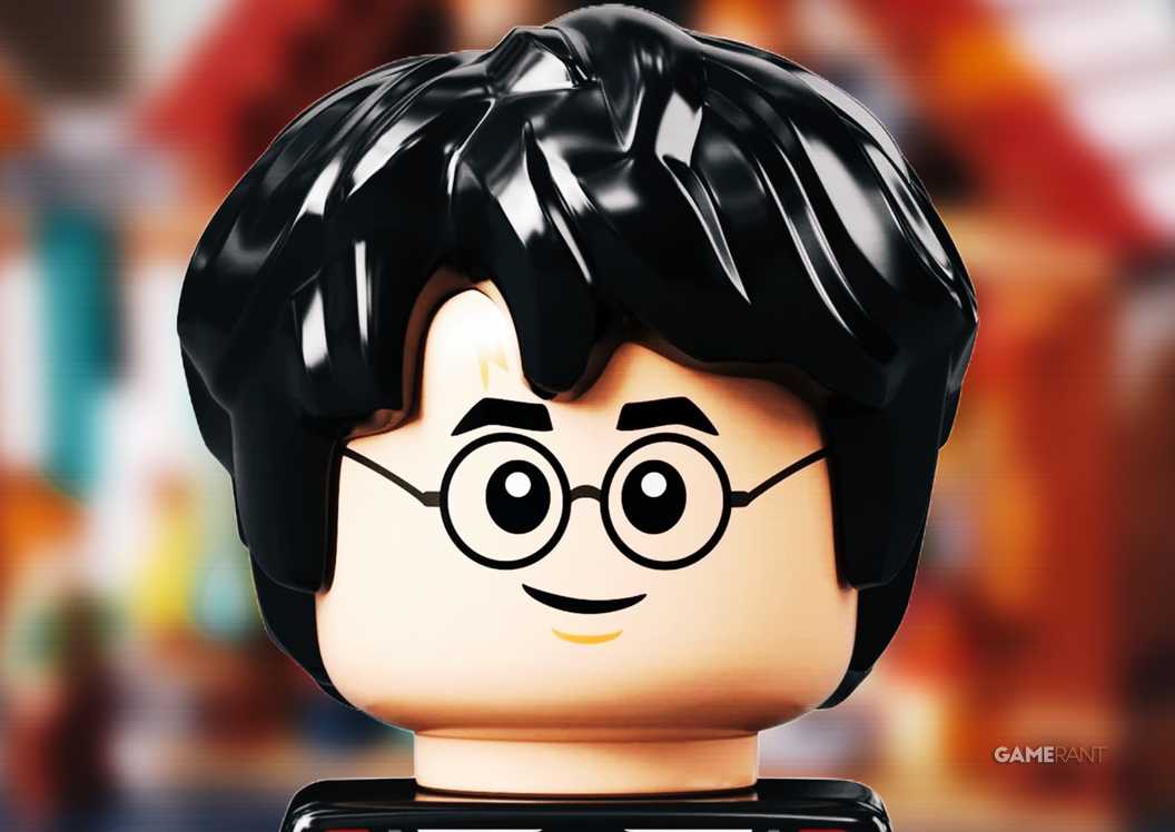 A close-up of a smiling LEGO Harry Potter minifigure.