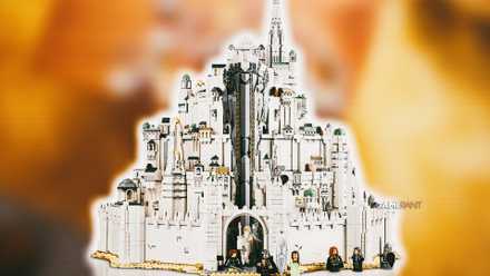 LEGO's The Lord of the Rings: Minas Tirith is outlined in soft white glowing outlines set in front of a blurred table background.