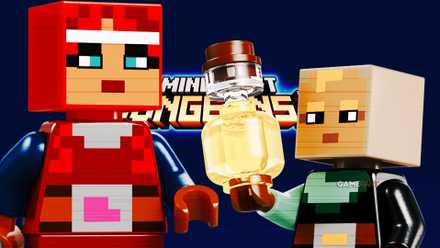 Two LEGO Minecraft minifigures in front of the Minecraft Dungeons logo on a dark blue background.