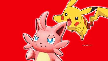 Pikachu from Pokemon attacking Cativa from Palworld on a red background.