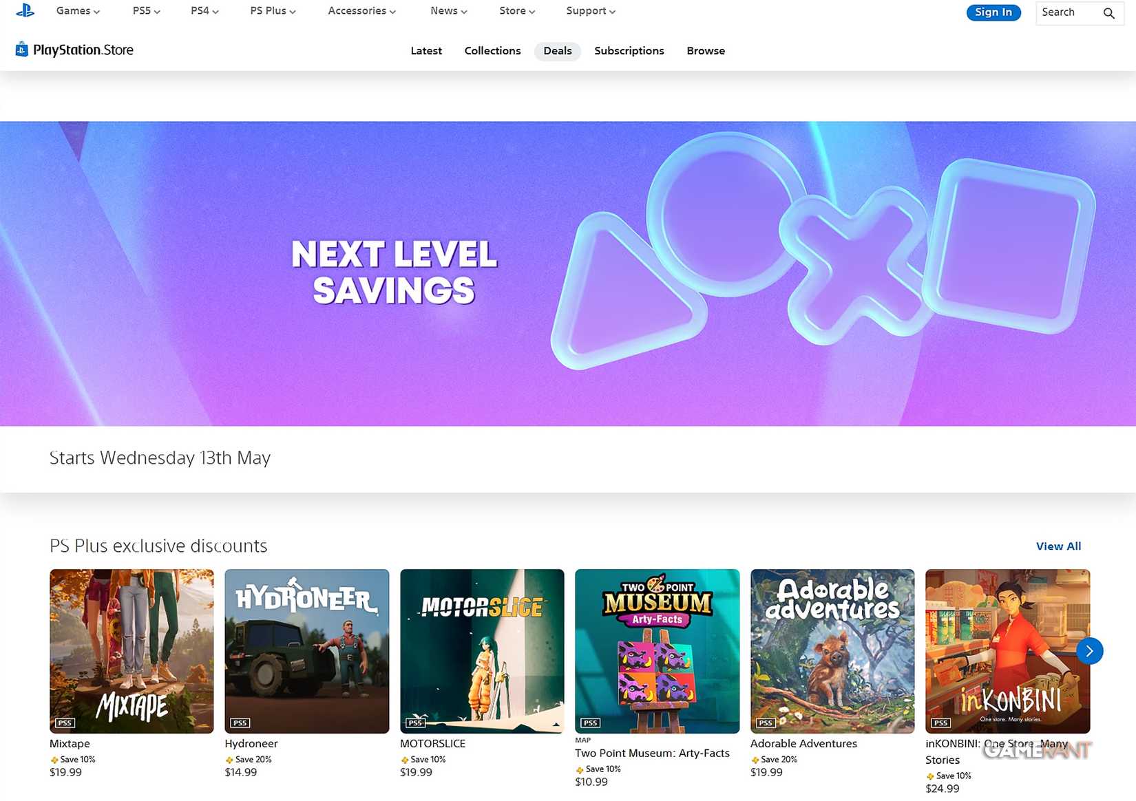 An almost empty page/tab for PlayStation Store deals showing only PS Plus exclusive discounts and a promise of "next level savings" starting May 13, 2026. Screenshot taken May 10.