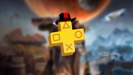 ps plus may 2026 new game lineup logo with rdr2 hat and blurred star wars outlaw background