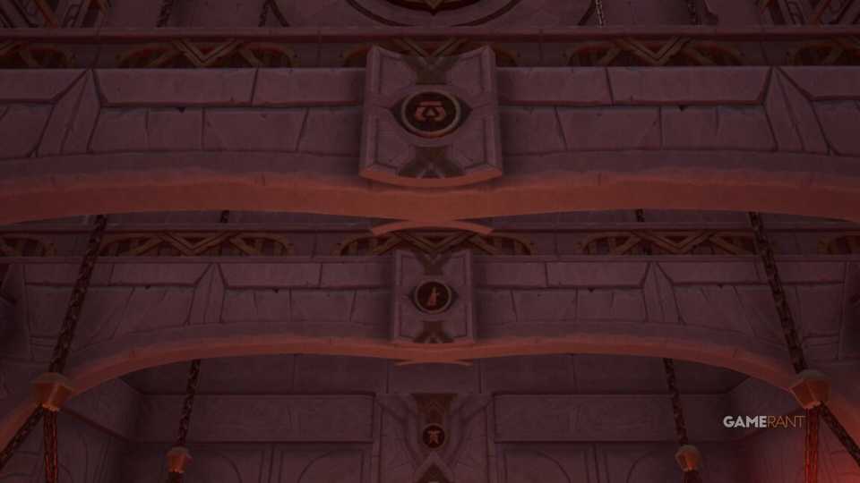 On the crossbeams above the room you will find clues to help you solve the heater puzzle in the Flame Temple corridor.