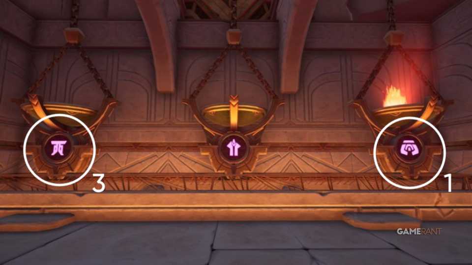 After finding the symbols on the crossbeams, solve the heater puzzle by shooting arrows at these pans to unlock the door to the Flame Temple entrance hall.