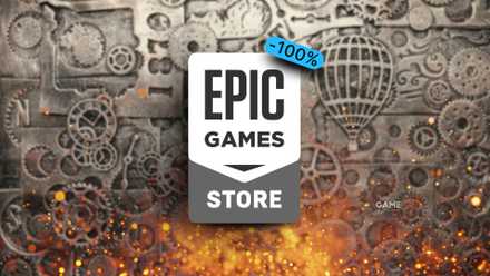 Epic Games Store logo on steampunk backdrop with 100% discount icon.