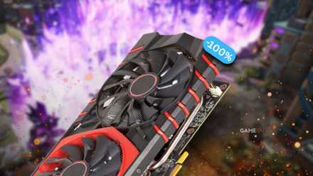 a gpu with a 100 percent discount icon over a blurred screenshot of gigabash's gameplay