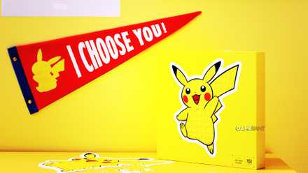 A Pikachu puzzle sitting on a yellow counter, next to a red one