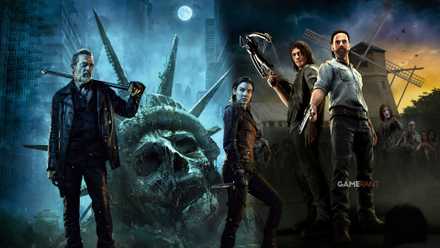 walking dead dead city poster with maggie and negan next to walking dead attack game with daryl and rick