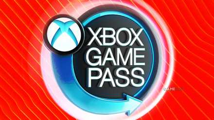 Glowing blue Xbox Game Pass lettering on a red background with thin diagonal stripes.