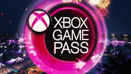 A glowing magenta Xbox Game Pass sign in front of a screenshot of the city's fireworks at night from Forza Horizon 6.