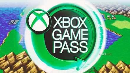 A round, green, arrow-wrapped Xbox Game Pass sign glowing in front of the Final Fantasy 5 overworld map, both presented in slightly washed-out, vintage-like hues.