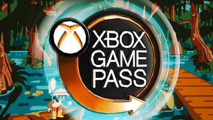 An orange Xbox Game Pass logo with a cyan outer glow in front of a swamp scene from Doot's bug collecting game Kabuto Park.