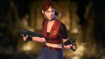 claire from resident evil code veronica in front of resident evil 4 remake