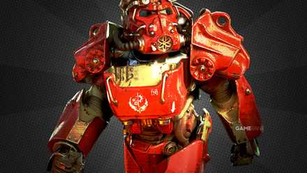 A medium close-up of a character wearing bright red Power Armor from Fallout 76 on a dark gray background.