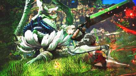 This is Cloud Strife in the meadow during a sword attack in Final Fantasy 7 Revelation.