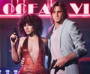 Jason and Lucia in front of GTA 6 Vice City's Ocean View hotel, holding handguns while all dolled up.