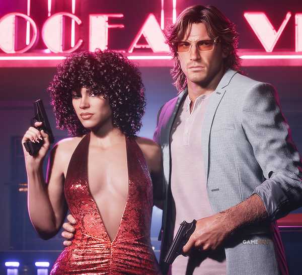 Jason and Lucia in front of GTA 6 Vice City's Ocean View hotel, holding handguns while all dolled up.
