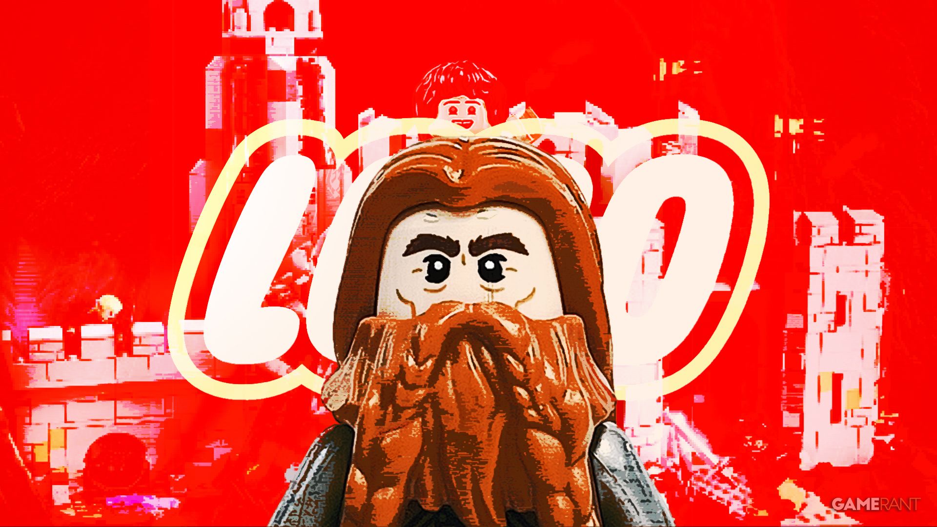 A close-up of a LEGO Gimli minifigure  in front of a semi-transparent LEGO logo casting a vivid red tint over an image of 9473 The Mines of Moria set, as seen in its official building instructions.