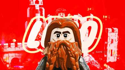 A close-up of a LEGO Gimli minifigure in front of a semi-transparent LEGO logo casting a vivid red tint over an image of 9473 The Mines of Moria set, as seen in its official building instructions.
