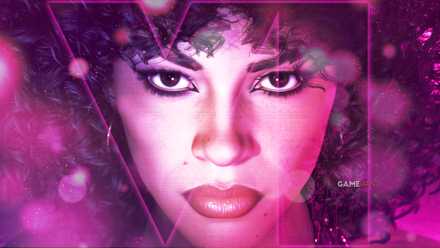 A pink composite centered on a close-up of a woman's face, with the faint neon outline of a Roman letter 6 in the foreground mixed with a bokeh effect.