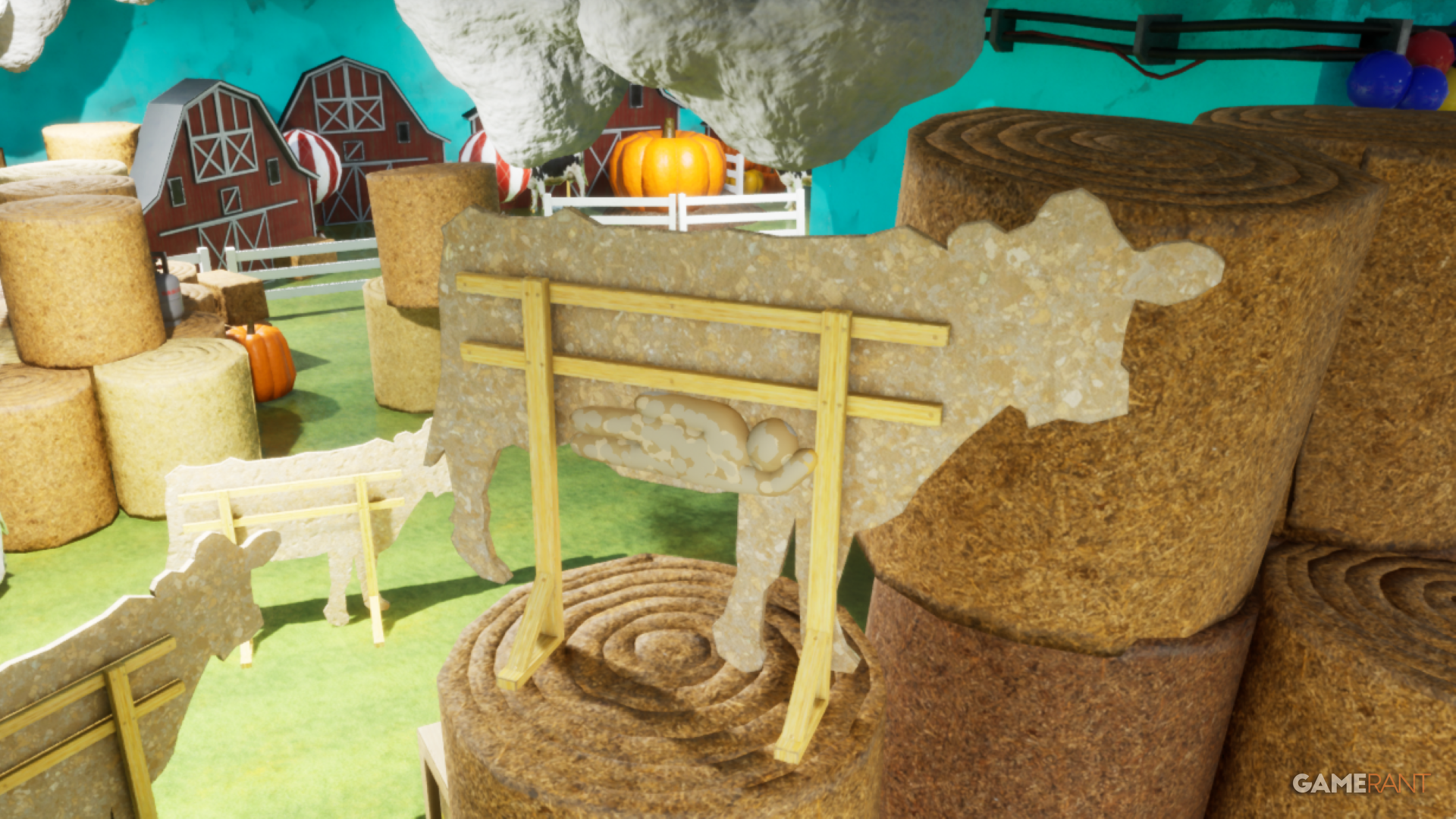 meccha chameleon player hides on the back of a plywood cow camoflauged 