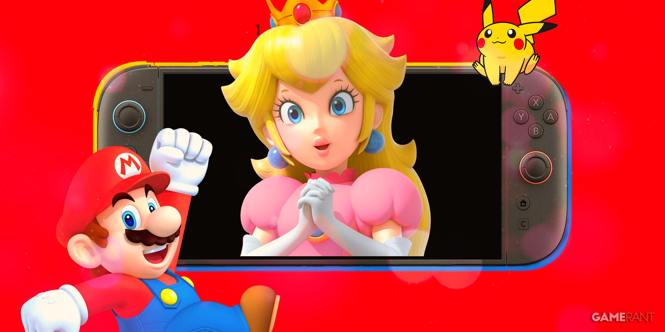 Composite image showing the Nintendo Switch 2 console on a bright red background. The screen shows Princess Peach, Mario jumping in front of the bottom left corner, and Pikachu sitting near the Joy-Con in the top right.