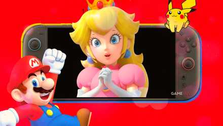 Composite image showing the Nintendo Switch 2 console on a bright red background. The screen shows Princess Peach, Mario jumping in front of the bottom left corner, and Pikachu sitting near the Joy-Con in the top right.