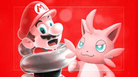 A trapped Mario next to a satisfied Cattiva from Palworld on a red background.