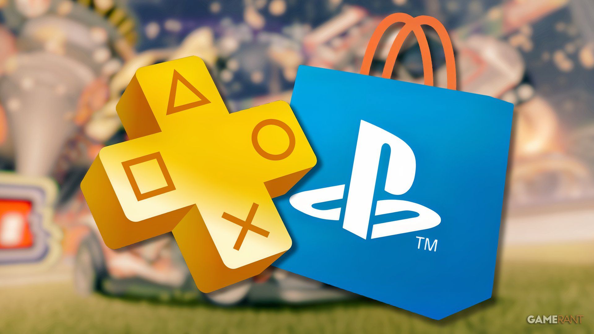 ps store and ps plus logos with a blurred image of rocket league in the background.